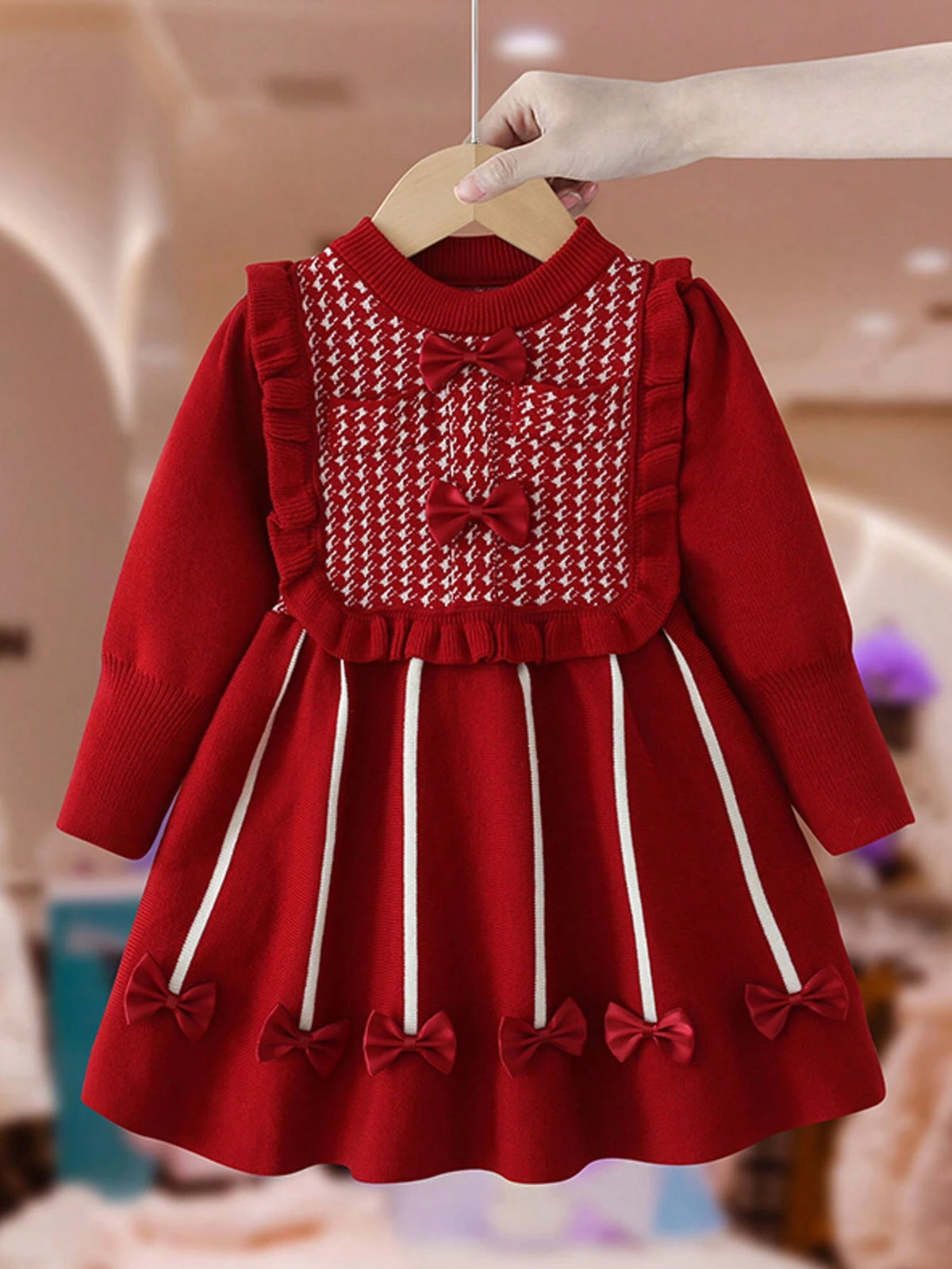 1pc Young Girl Fashion Collegiate Style Collar Knitted Dress, Baby Girl Bow Decor White Ruffle Solid Color Dress, Autumn
