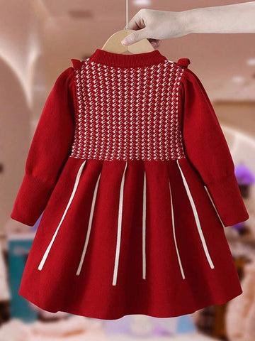 1pc Young Girl Fashion Collegiate Style Collar Knitted Dress, Baby Girl Bow Decor White Ruffle Solid Color Dress, Autumn