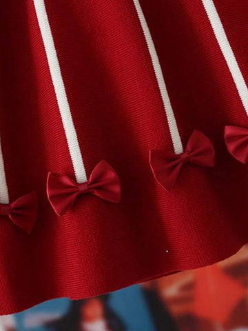 1pc Young Girl Fashion Collegiate Style Collar Knitted Dress, Baby Girl Bow Decor White Ruffle Solid Color Dress, Autumn