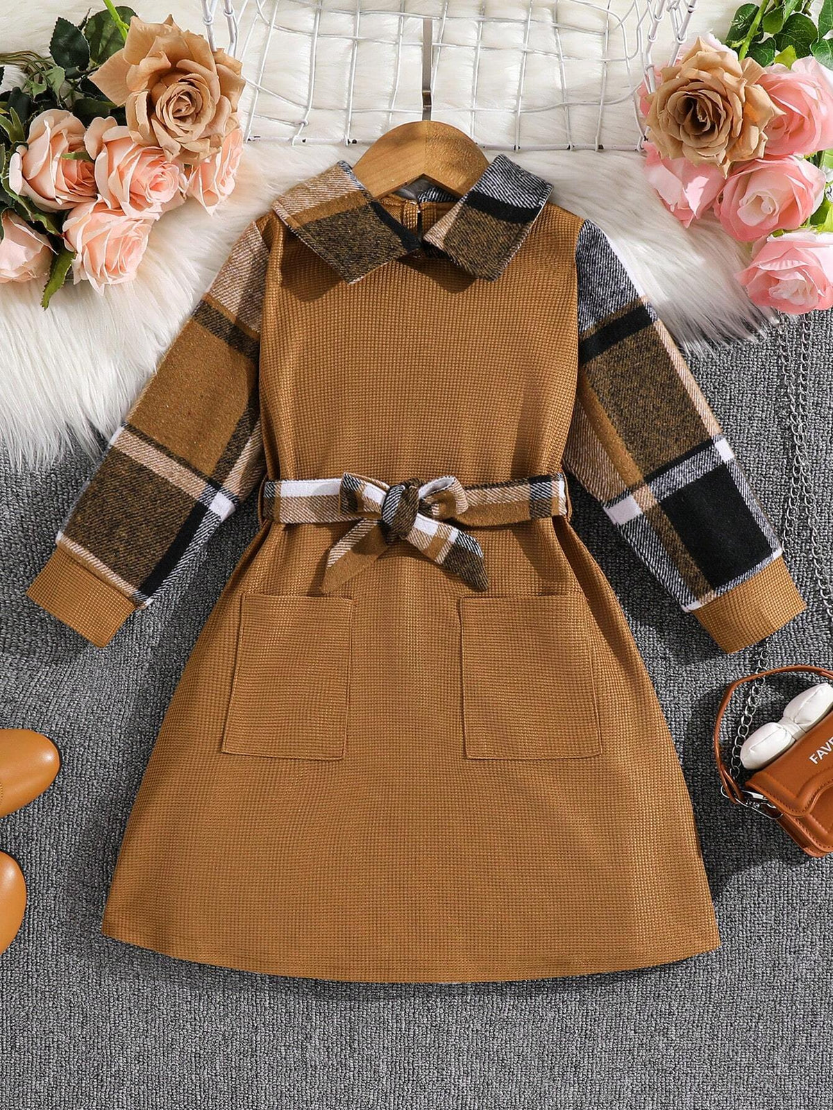 1pc Young Girl' Fashion Houndstooth Panel Long Sleeve Belted Collar Dress, Autumn/Winter