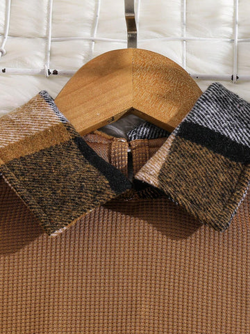 1pc Young Girl' Fashion Houndstooth Panel Long Sleeve Belted Collar Dress, Autumn/Winter