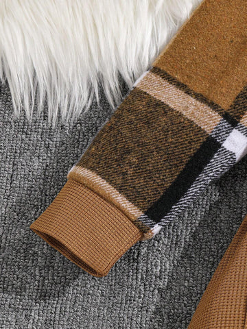 1pc Young Girl' Fashion Houndstooth Panel Long Sleeve Belted Collar Dress, Autumn/Winter