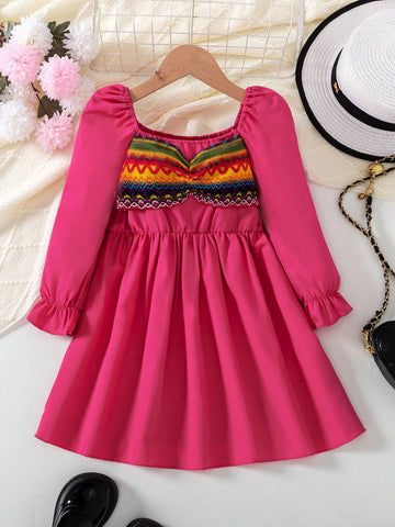 1pc Young Girl Fashion Solid Color Square Neck Collar Long Sleeve Patchwork Jacquard Casual Dress, Spring/Autumn