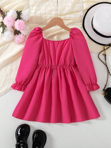 1pc Young Girl Fashion Solid Color Square Neck Collar Long Sleeve Patchwork Jacquard Casual Dress, Spring/Autumn