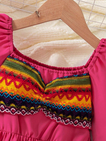 1pc Young Girl Fashion Solid Color Square Neck Collar Long Sleeve Patchwork Jacquard Casual Dress, Spring/Autumn