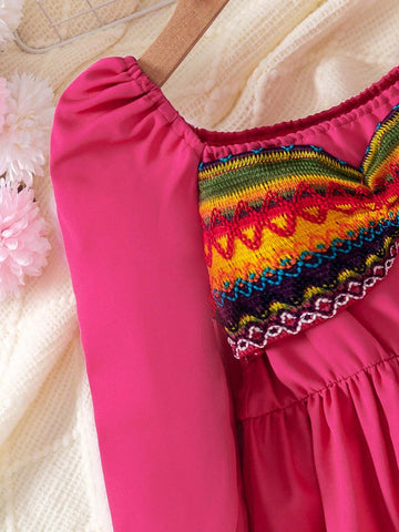 1pc Young Girl Fashion Solid Color Square Neck Collar Long Sleeve Patchwork Jacquard Casual Dress, Spring/Autumn