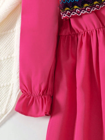 1pc Young Girl Fashion Solid Color Square Neck Collar Long Sleeve Patchwork Jacquard Casual Dress, Spring/Autumn