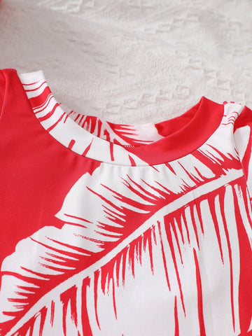 1pc Young Girl Fashionable, Chic, Cute, Elegant, Simple Casual Vacation Style Banana Leaf Print Fit And Flare Maxi Dress