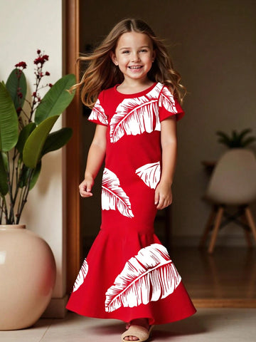 1pc Young Girl Fashionable, Chic, Cute, Elegant, Simple Casual Vacation Style Banana Leaf Print Fit And Flare Maxi Dress