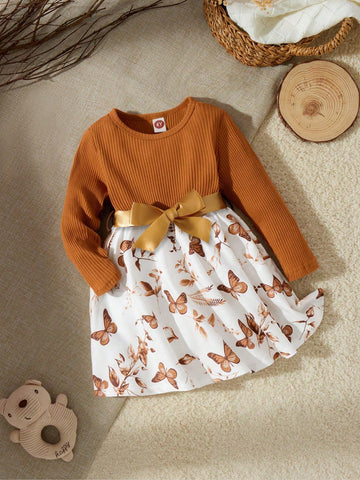 1pc Young Girl Fashionable Elegant Waist Cinching Knit And Woven Floral Print Dress, Khaki With Butterfly Print, Suitable For Autumn And Holiday