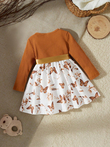 1pc Young Girl Fashionable Elegant Waist Cinching Knit And Woven Floral Print Dress, Khaki With Butterfly Print, Suitable For Autumn And Holiday