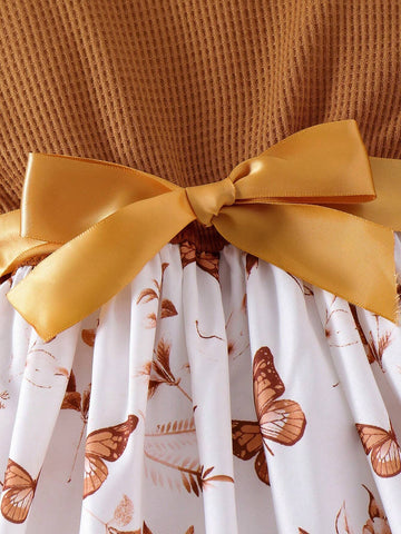 1pc Young Girl Fashionable Elegant Waist Cinching Knit And Woven Floral Print Dress, Khaki With Butterfly Print, Suitable For Autumn And Holiday