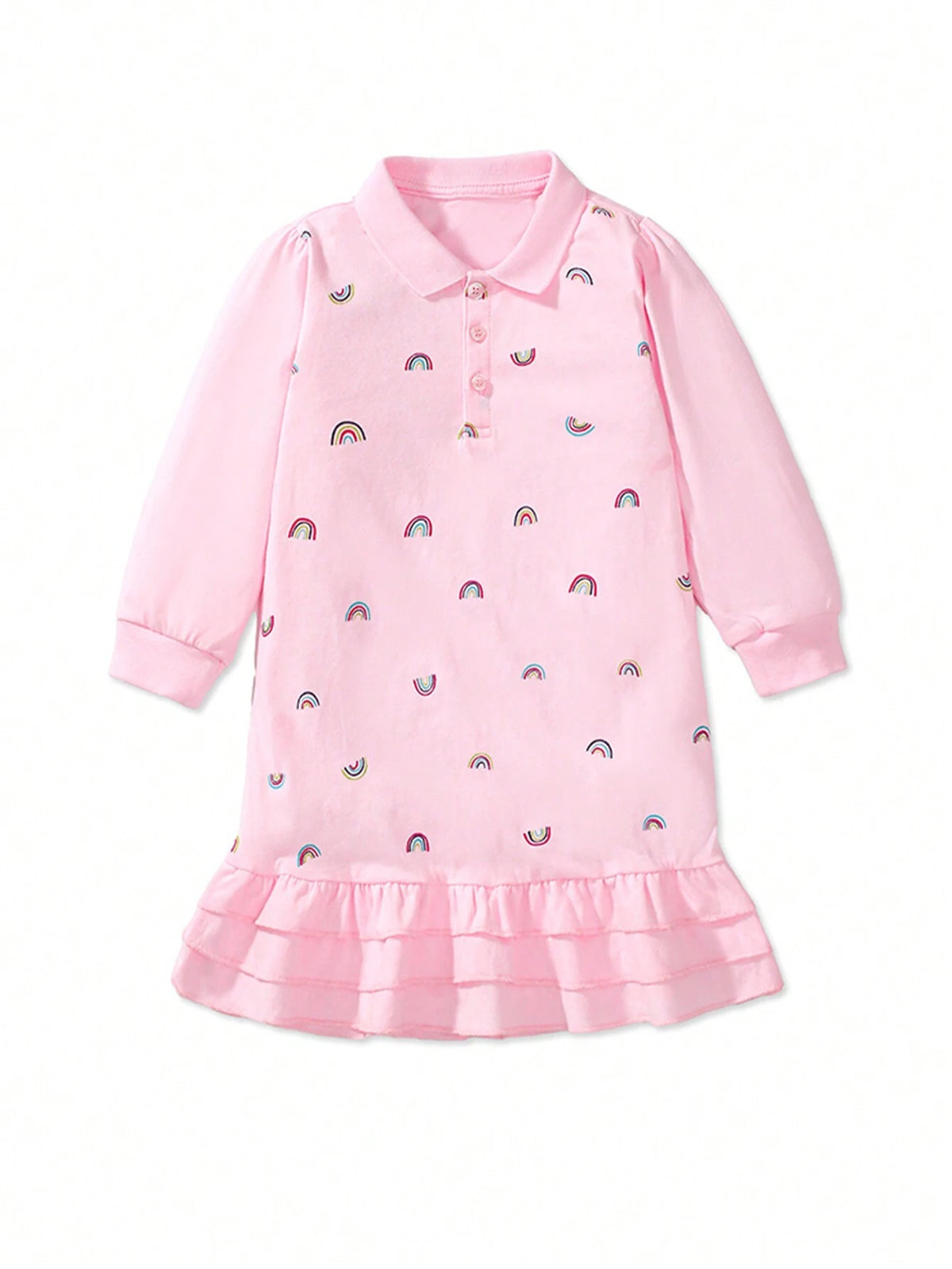 1pc Young Girl Fashionable Rainbow & Cartoon Print Polo Dress, Long Sleeve , For Spring & Autumn