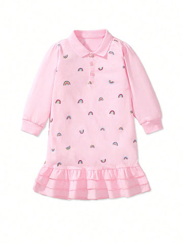 1pc Young Girl Fashionable Rainbow & Cartoon Print Polo Dress, Long Sleeve , For Spring & Autumn