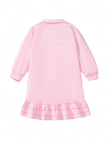 1pc Young Girl Fashionable Rainbow & Cartoon Print Polo Dress, Long Sleeve , For Spring & Autumn