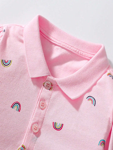 1pc Young Girl Fashionable Rainbow & Cartoon Print Polo Dress, Long Sleeve , For Spring & Autumn