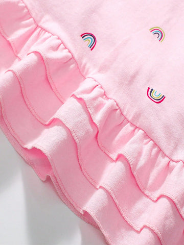 1pc Young Girl Fashionable Rainbow & Cartoon Print Polo Dress, Long Sleeve , For Spring & Autumn