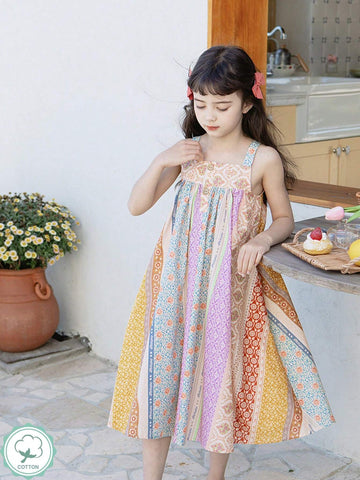 1pc Young Girl Forest Style Striped & Floral Print Holiday Summer Dress With Spaghetti Strap