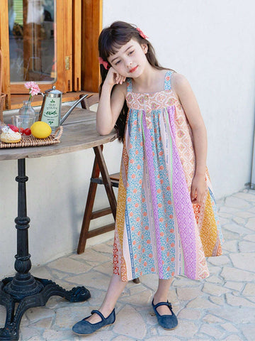 1pc Young Girl Forest Style Striped & Floral Print Holiday Summer Dress With Spaghetti Strap
