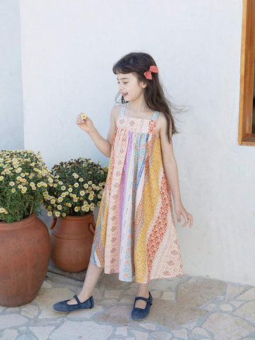 1pc Young Girl Forest Style Striped & Floral Print Holiday Summer Dress With Spaghetti Strap