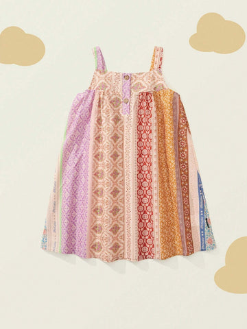 1pc Young Girl Forest Style Striped & Floral Print Holiday Summer Dress With Spaghetti Strap