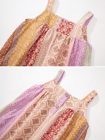 1pc Young Girl Forest Style Striped & Floral Print Holiday Summer Dress With Spaghetti Strap