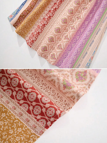 1pc Young Girl Forest Style Striped & Floral Print Holiday Summer Dress With Spaghetti Strap