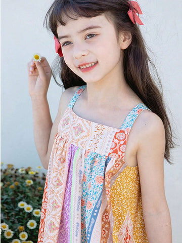 1pc Young Girl Forest Style Striped & Floral Print Holiday Summer Dress With Spaghetti Strap
