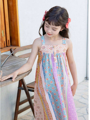 1pc Young Girl Forest Style Striped & Floral Print Holiday Summer Dress With Spaghetti Strap