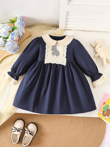 1pc Young Girl French Peter Pan Collar Rabbit Embroidery Long Sleeve Dress, Autumn