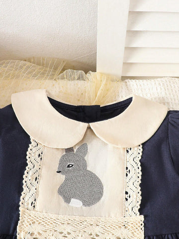 1pc Young Girl French Peter Pan Collar Rabbit Embroidery Long Sleeve Dress, Autumn