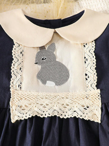 1pc Young Girl French Peter Pan Collar Rabbit Embroidery Long Sleeve Dress, Autumn