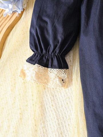 1pc Young Girl French Peter Pan Collar Rabbit Embroidery Long Sleeve Dress, Autumn