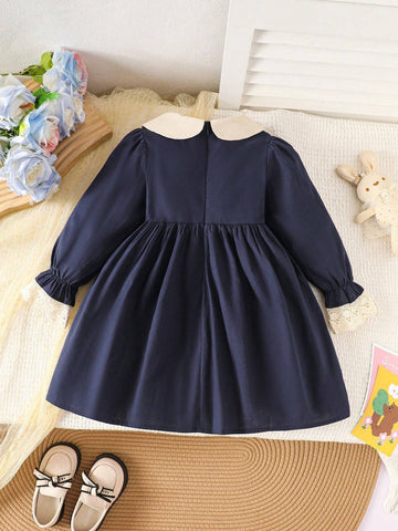 1pc Young Girl French Peter Pan Collar Rabbit Embroidery Long Sleeve Dress, Autumn