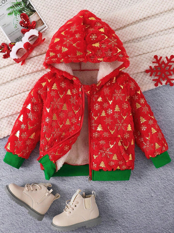 1pc Young Girl Girls' Christmas Tree & Reindeer Fuzzy Fleece Hooded Sweatshirt, Winter, Toddler Christmas Outfit