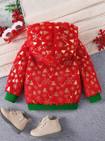 1pc Young Girl Girls' Christmas Tree & Reindeer Fuzzy Fleece Hooded Sweatshirt, Winter, Toddler Christmas Outfit