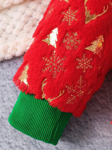 1pc Young Girl Girls' Christmas Tree & Reindeer Fuzzy Fleece Hooded Sweatshirt, Winter, Toddler Christmas Outfit