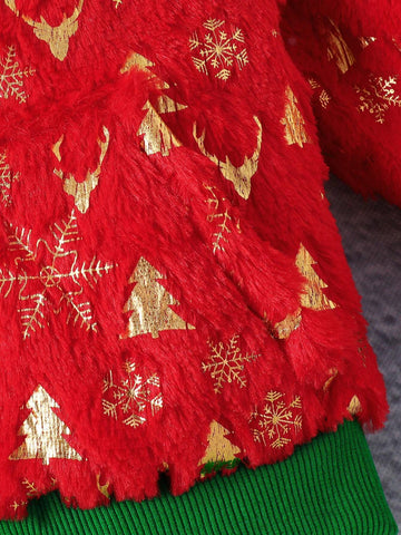 1pc Young Girl Girls' Christmas Tree & Reindeer Fuzzy Fleece Hooded Sweatshirt, Winter, Toddler Christmas Outfit