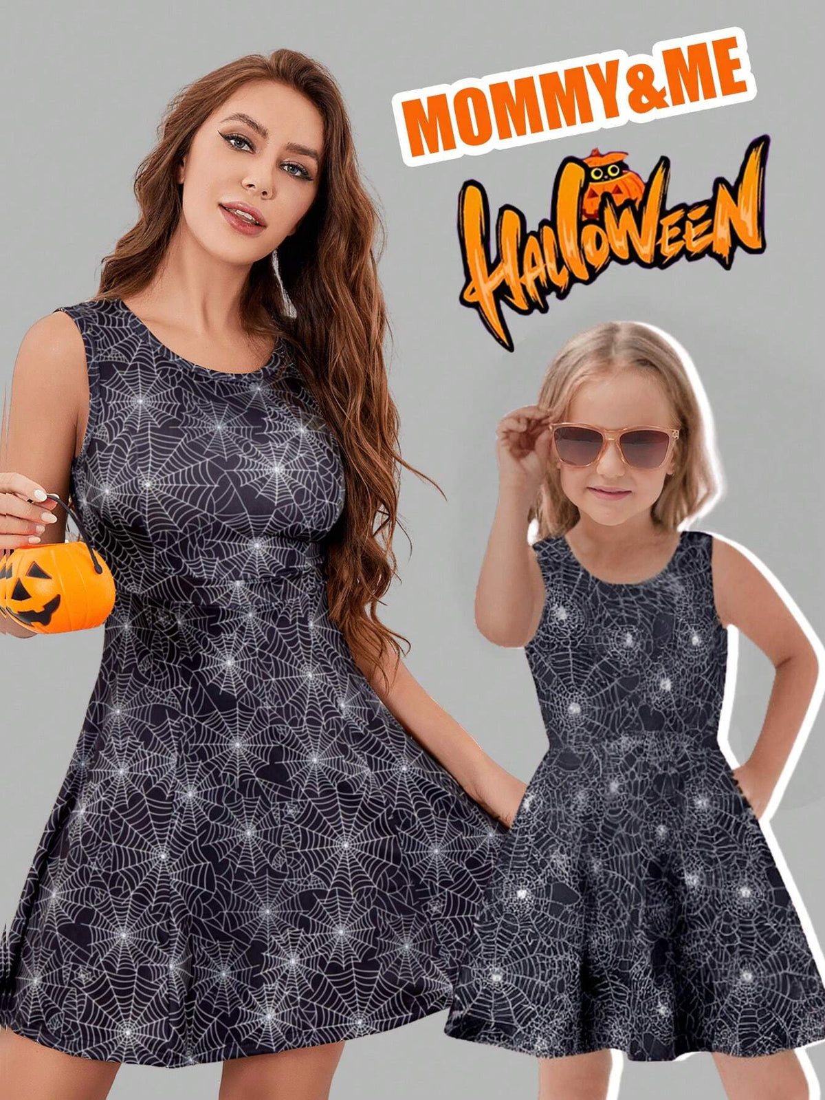 1pc Young Girl Halloween Spiderweb Digital Print Sleeveless Cinched Waist Dress