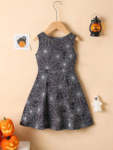 1pc Young Girl Halloween Spiderweb Digital Print Sleeveless Cinched Waist Dress