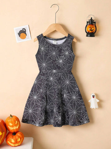 1pc Young Girl Halloween Spiderweb Digital Print Sleeveless Cinched Waist Dress