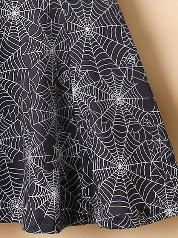 1pc Young Girl Halloween Spiderweb Digital Print Sleeveless Cinched Waist Dress