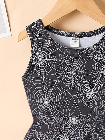 1pc Young Girl Halloween Spiderweb Digital Print Sleeveless Cinched Waist Dress