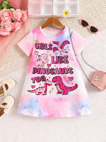 1pc Young Girl' Outdoor Casual "Girls Love Dinosaurs" Pink Dinosaur Print Tie-Dye Dress, Spring/Summer Festival Valentine's Day