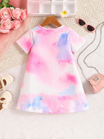 1pc Young Girl' Outdoor Casual "Girls Love Dinosaurs" Pink Dinosaur Print Tie-Dye Dress, Spring/Summer Festival Valentine's Day