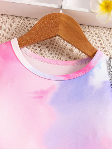 1pc Young Girl' Outdoor Casual "Girls Love Dinosaurs" Pink Dinosaur Print Tie-Dye Dress, Spring/Summer Festival Valentine's Day