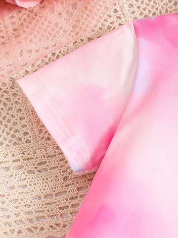 1pc Young Girl' Outdoor Casual "Girls Love Dinosaurs" Pink Dinosaur Print Tie-Dye Dress, Spring/Summer Festival Valentine's Day