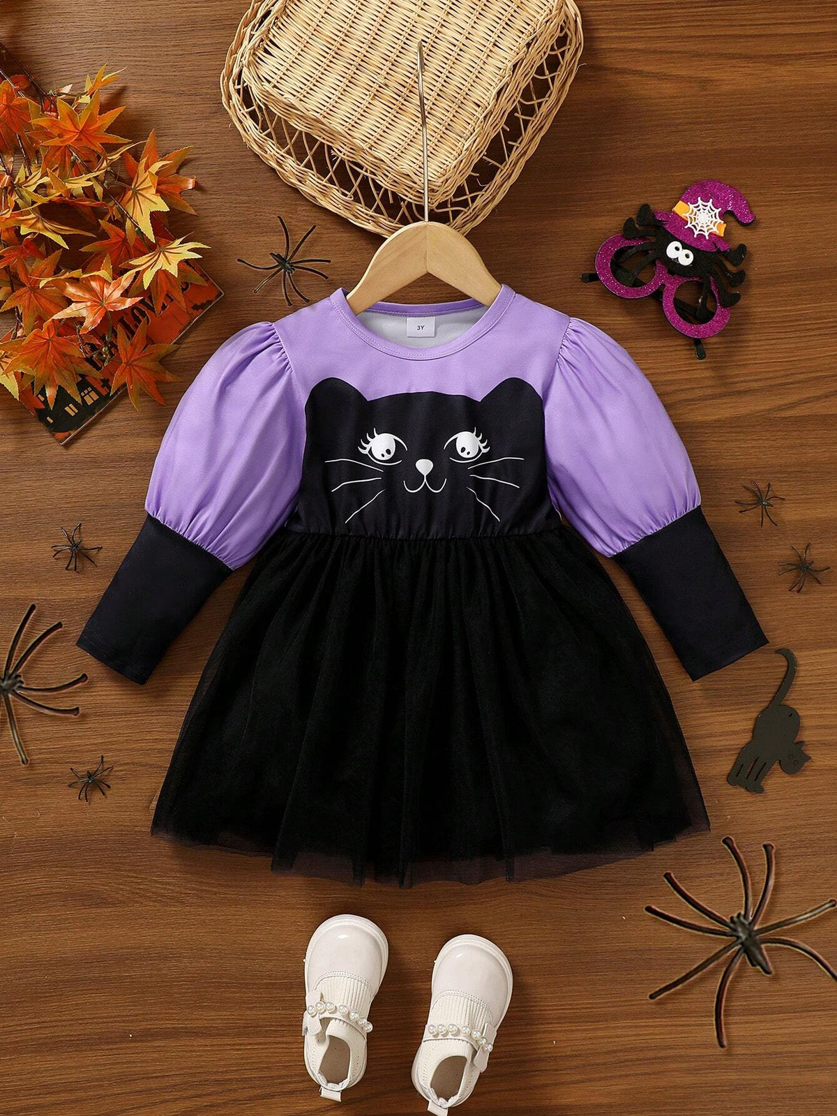 1pc Young Girl Patchwork Cat & Tulle Balloon Sleeve Ruffled Long Sleeve Dress, For Halloween/Winter