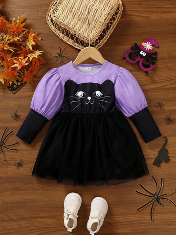 1pc Young Girl Patchwork Cat & Tulle Balloon Sleeve Ruffled Long Sleeve Dress, For Halloween/Winter