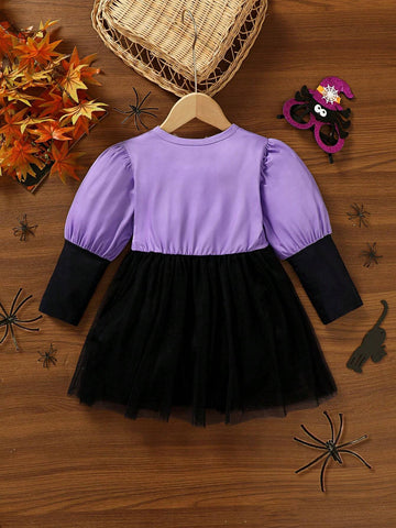 1pc Young Girl Patchwork Cat & Tulle Balloon Sleeve Ruffled Long Sleeve Dress, For Halloween/Winter